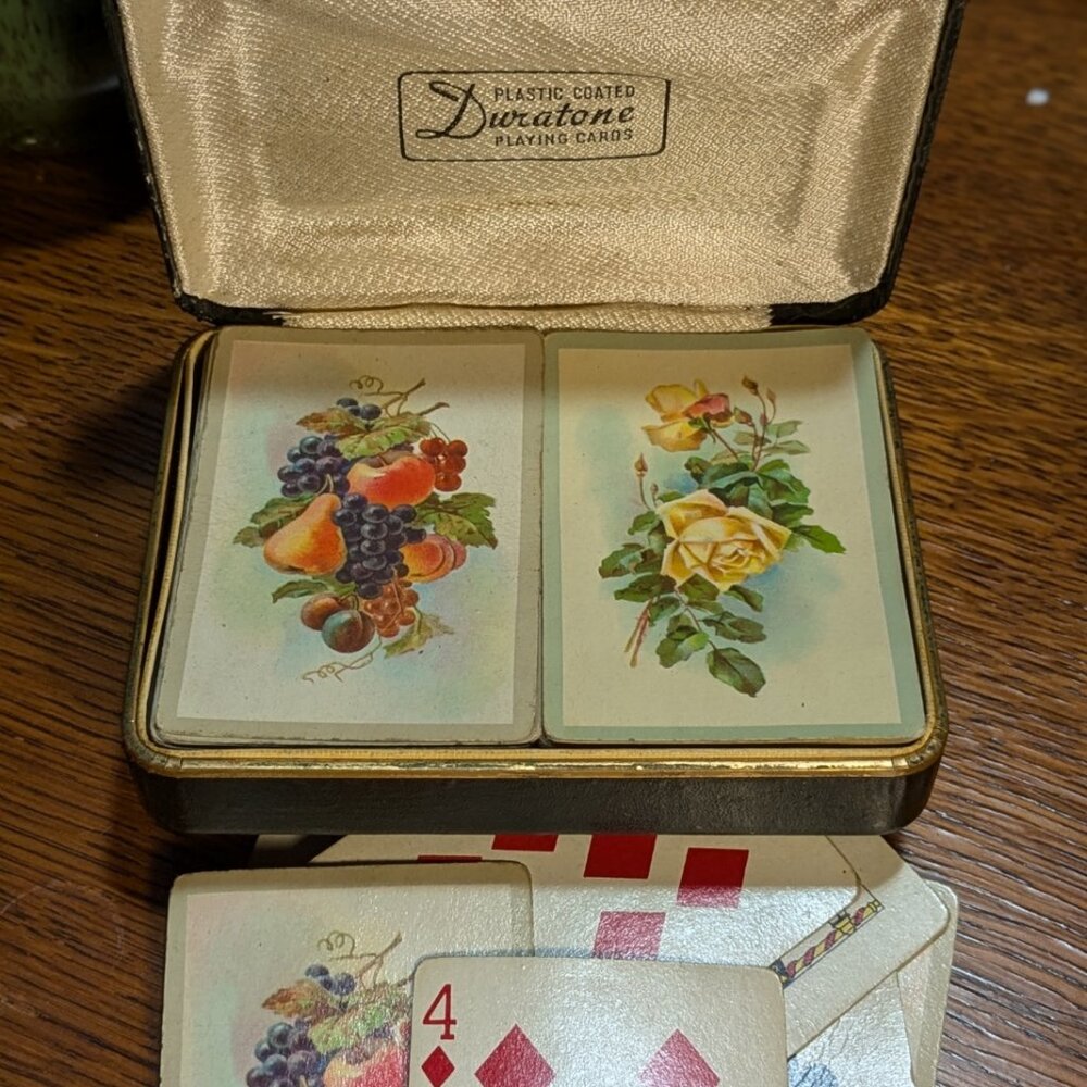 Vintage 1940s DURATONE Playing Cards --- 2 Decks & Leather Case